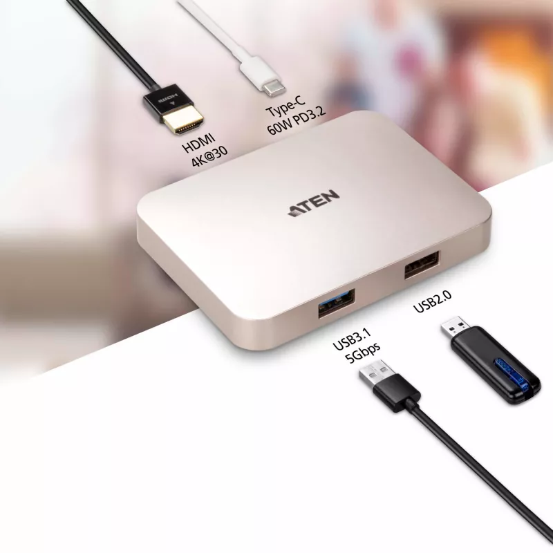 ATEN UH3235 mini dock ultracompacto USB-C 4K con paso de alimentación