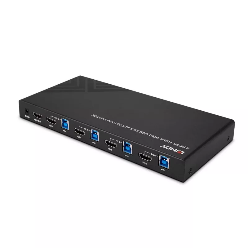 Conmutador KVM Lindy 4 puertos HDMI 4K60, USB 3.0 y audio
