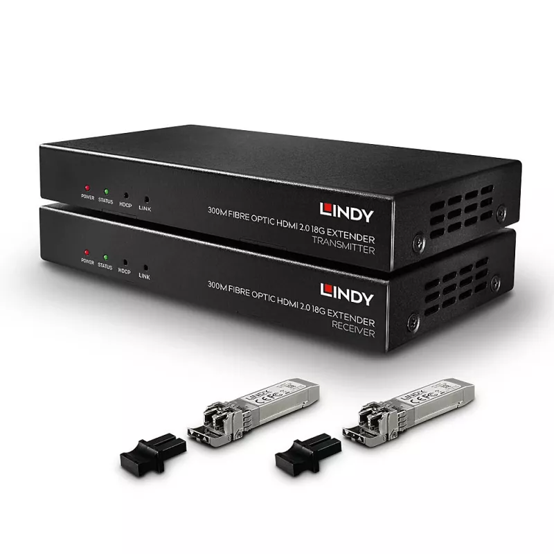 Transmisor y Receptor AV Lindy 300m Extensor HDMI 18G y IR de fibra óptica