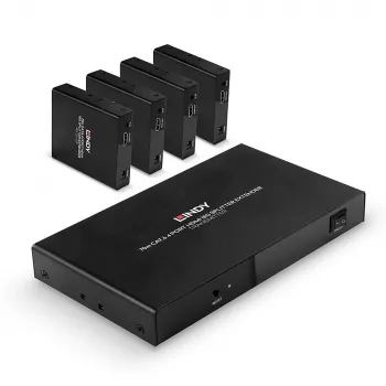 Lindy 70m Cat.6 4 Puertos HDMI 4K60 Splitter Extensor, 3840 x 2160 píxeles, Transmisor y Receptor AV, 70 m, Cableado, Negro, HDCP