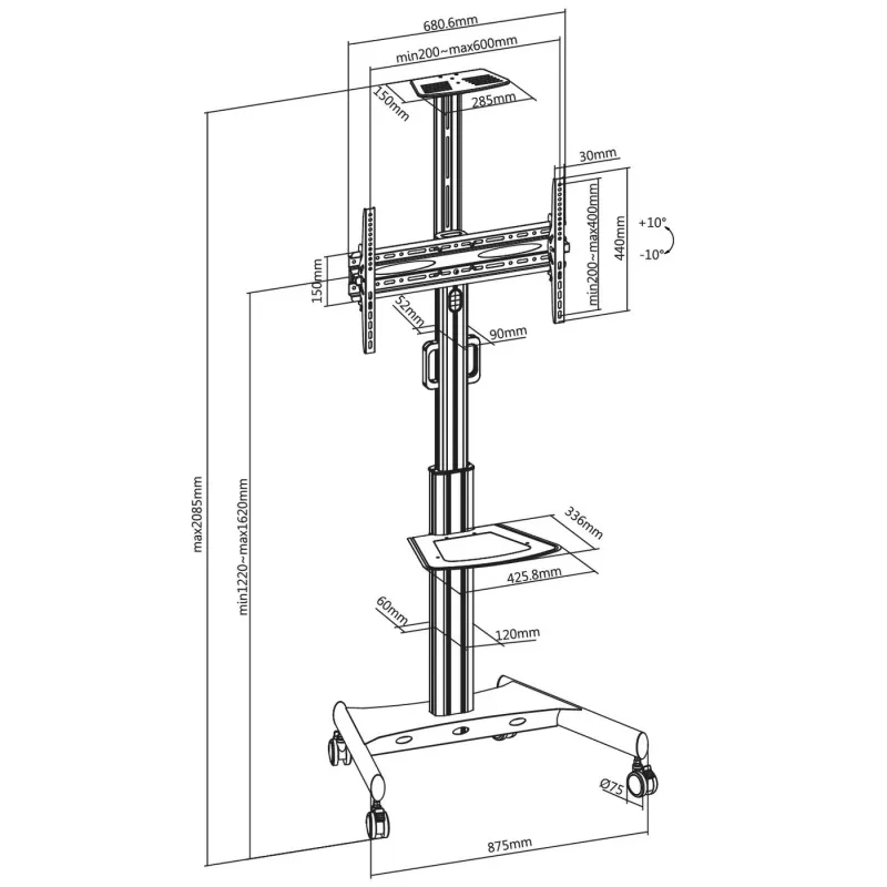 Soporte/carrito para TV Vivolink VLFS3266C 165,1 cm (65
