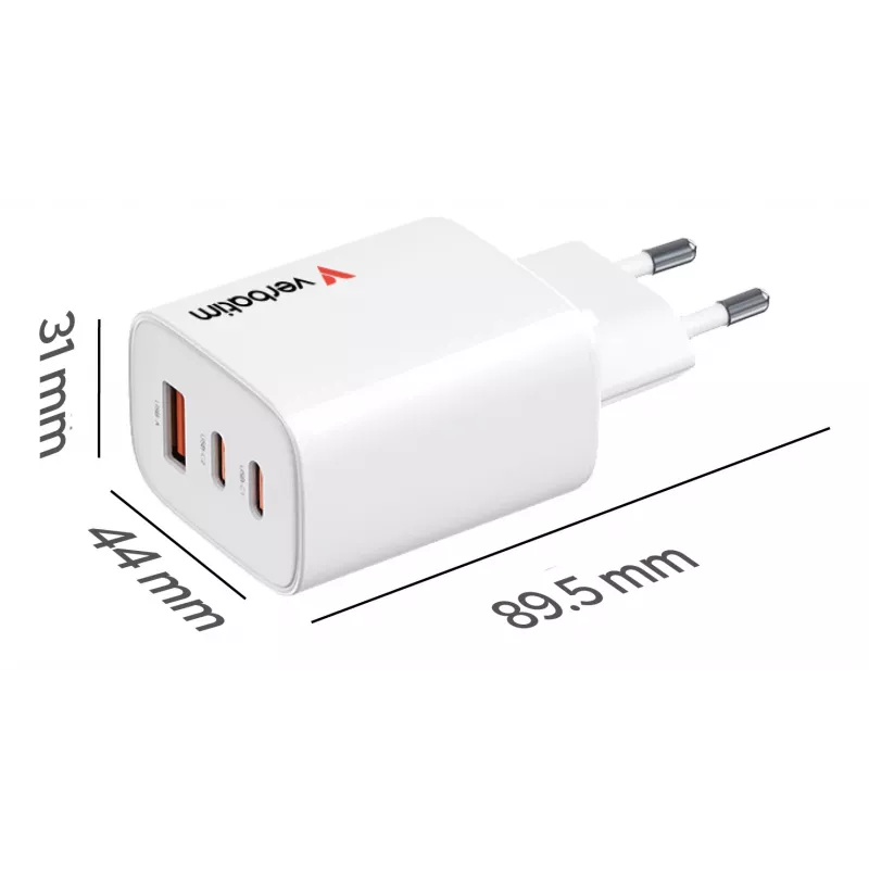 Cargador Verbatim Essentials GaN 65W con enchufe EU blanco, interior, AC, 20 V, blanco