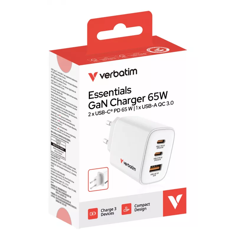 Cargador Verbatim Essentials GaN 65W con enchufe EU blanco, interior, AC, 20 V, blanco