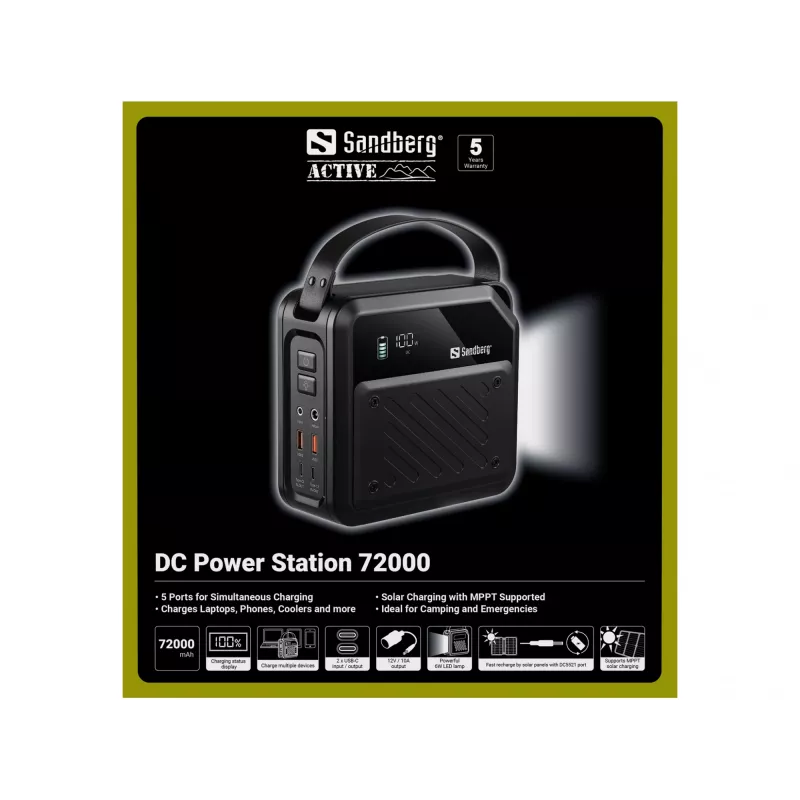 Estación de energía portátil DC SANDBERG Sandberg DC Power Station 72000 — LMFP 72.000 mAh, entrada DC y USB-C, negro