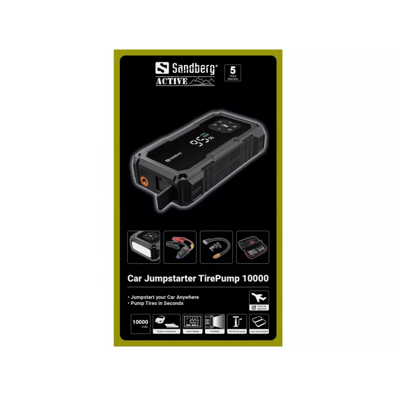 Arrancador portátil y bomba de neumáticos SANDBERG Sandberg Car Jumpstarter TirePump 10000 — 800 A de corriente de arranque, salida 2 A, 5 V USB