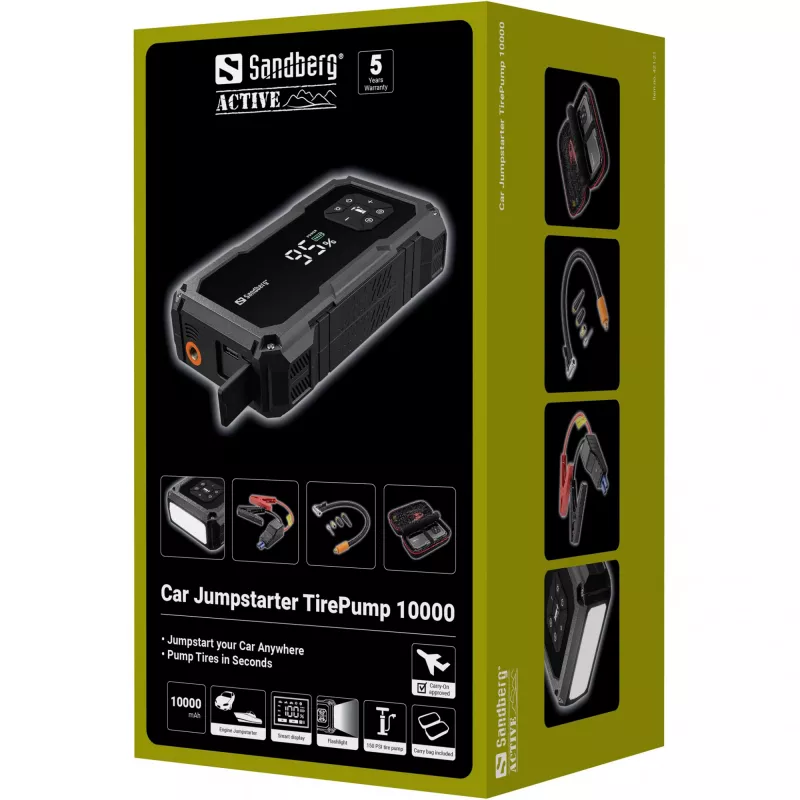 Arrancador portátil y bomba de neumáticos SANDBERG Sandberg Car Jumpstarter TirePump 10000 — 800 A de corriente de arranque, salida 2 A, 5 V USB
