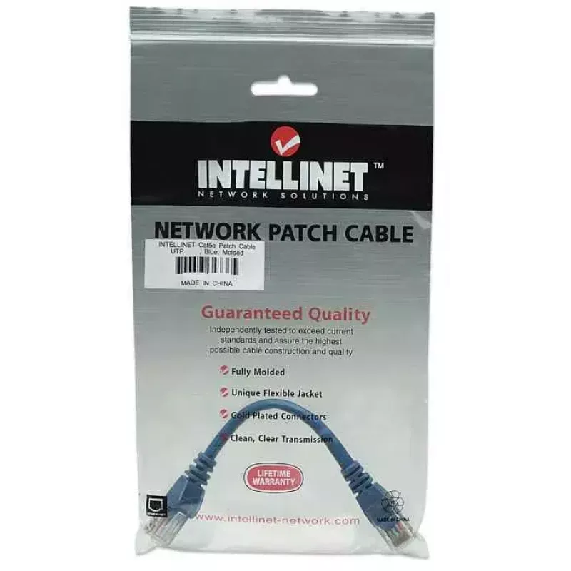 Cable de red patch Intellinet, Cat5e, 0,5 m, azul, CCA, U/UTP, PVC, RJ45, contactos bañados en oro, protección de pestaña, protección antiacodamiento, garantía de por vida