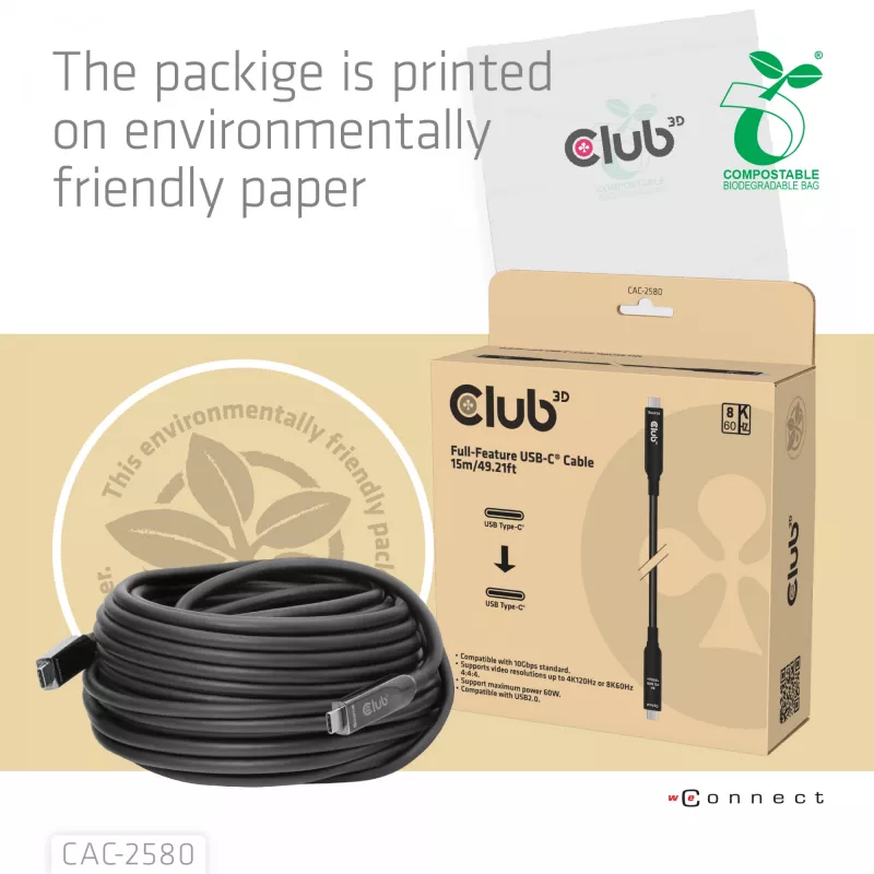 Cable USB-C® Full-Feature CLUB3D 15M / 49,21ft 8K60Hz 10Gbps 60W