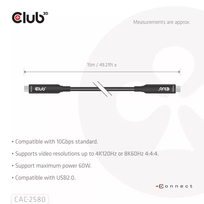 Cable USB-C® Full-Feature CLUB3D 15M / 49,21ft 8K60Hz 10Gbps 60W