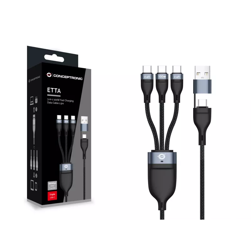 Cable de carga rápida Conceptronic ETTA06B15C 3 en 1 100 W 1,5 m, triple USB-C, USB 2.0, E-Mark