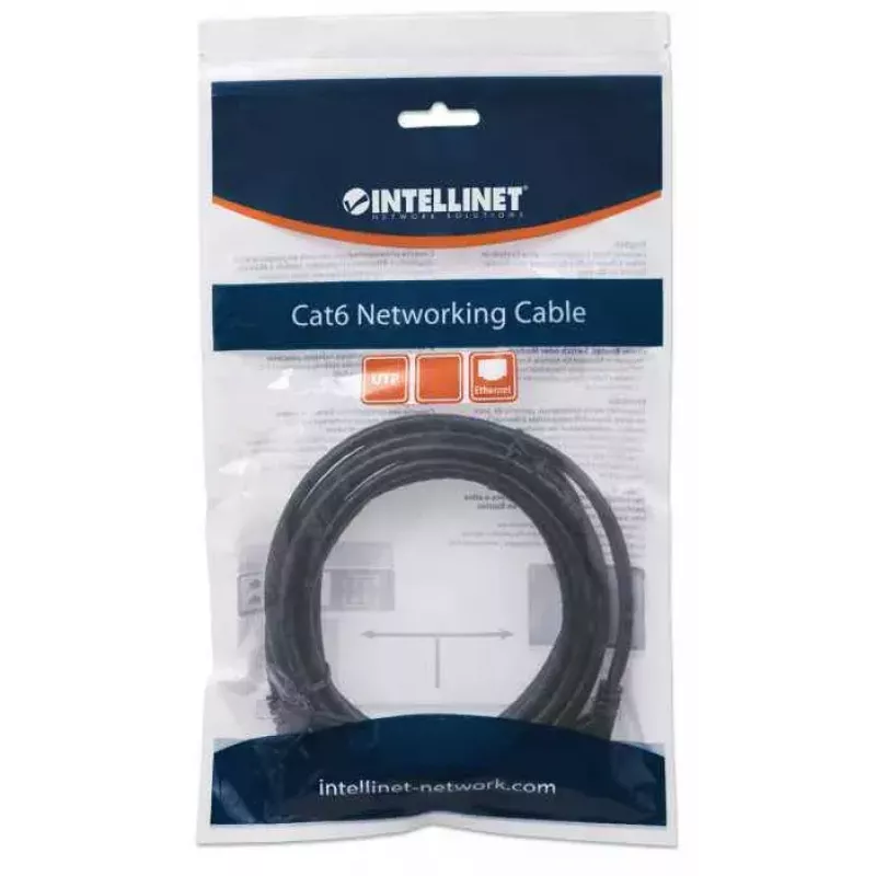 Cable de red Intellinet, Cat6, 5 m, negro, CCA, U/UTP, PVC, RJ45, contactos bañados en oro, sin lengüeta, funda moldeada, garantía de por vida