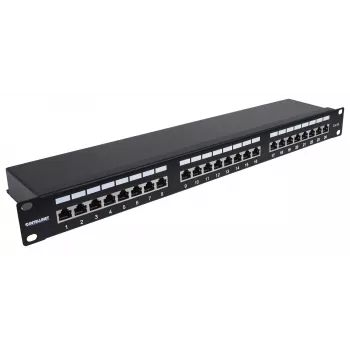 Panel de parcheo Intellinet, Cat6a, FTP, 24 puertos, 1U, apantallado, regletas LSA de entrada superior a 90°, negro