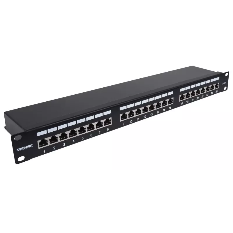 Panel de parcheo Intellinet, Cat6a, FTP, 24 puertos, 1U, apantallado, regletas LSA de entrada superior a 90°, negro