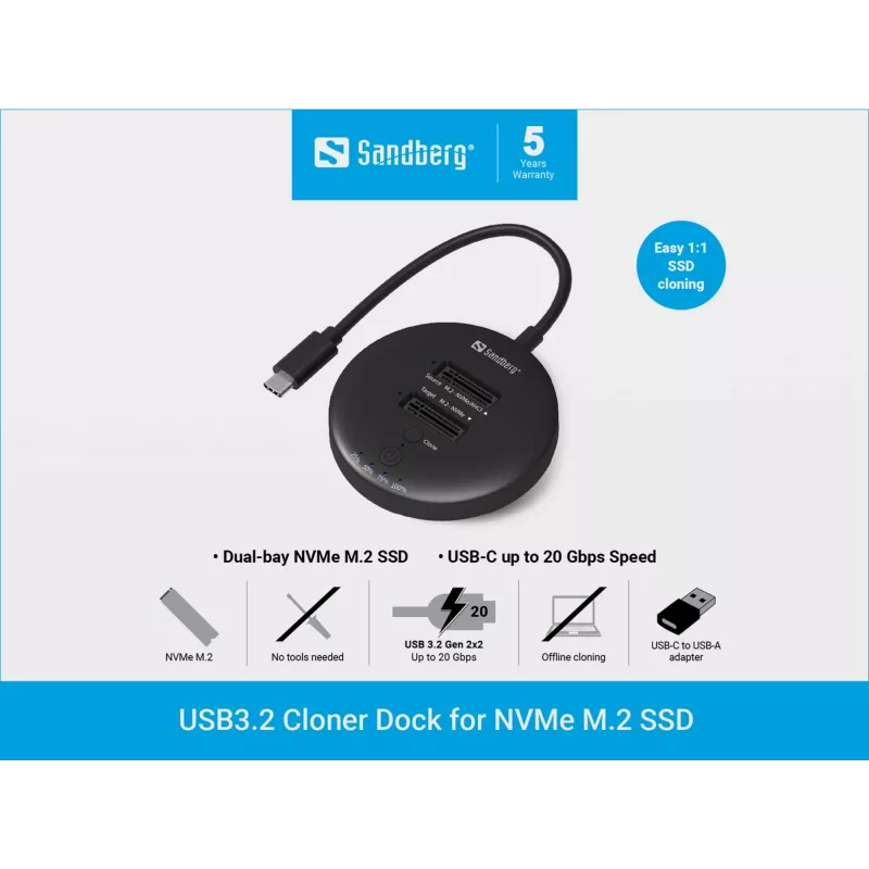 Sandberg USB3.2 Cloner Dock para SSD NVMe M.2, negro, 20 Gbit/s