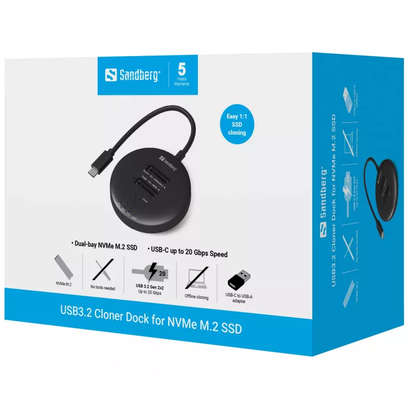 Sandberg USB3.2 Cloner Dock para SSD NVMe M.2, negro, 20 Gbit/s