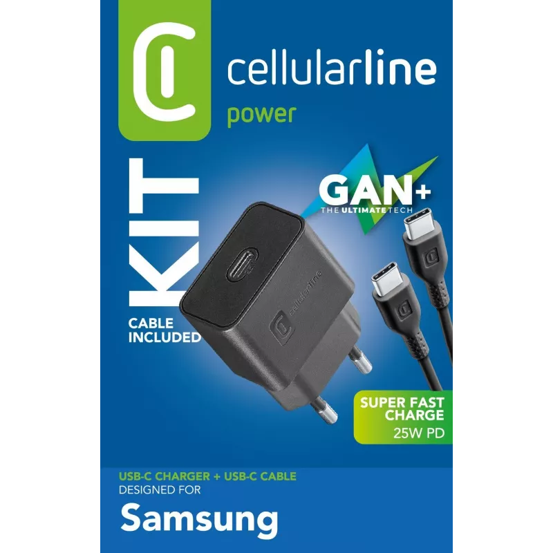Cellularline Super Fast Charger Kit 25W - USB-C a USB-C - Fuente de alimentación Samsung 25W Super Fast Charge PD con cable USB-C a USB-C