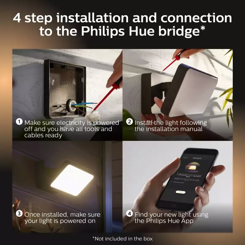 Lámpara de pared de exterior inteligente Philips Hue White Welcome Floodlight, 20,5 W LED, entrada 220–240 V, bombilla 24 V, negra, 160×220×153 mm