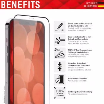 Protector de pantalla Displex Premium (Full Cover, 10H) para Apple iPhone 13/13 Pro/14/16e/17e, marco de montaje Eco, Full Cover