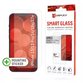 Displex Smart Glass (9H) para Apple iPhone 13/13 Pro/14/16e/17e, adhesivo de montaje, irrompible