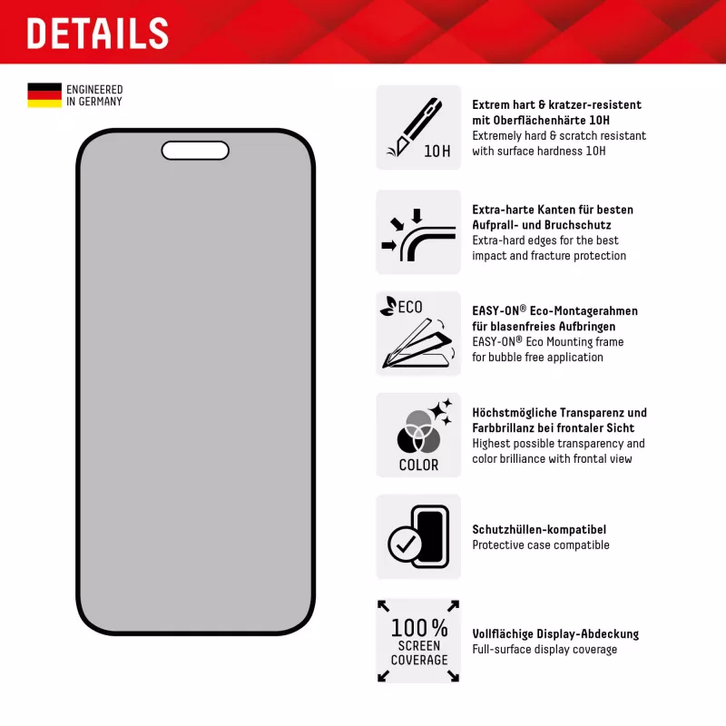 Displex Privacy Screen Protector (10H) para Apple iPhone 15/15 Pro, marco de montaje Eco, filtro de privacidad