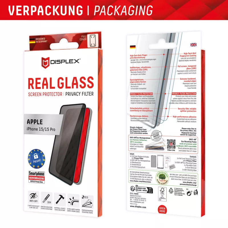Displex Privacy Screen Protector (10H) para Apple iPhone 15/15 Pro, marco de montaje Eco, filtro de privacidad