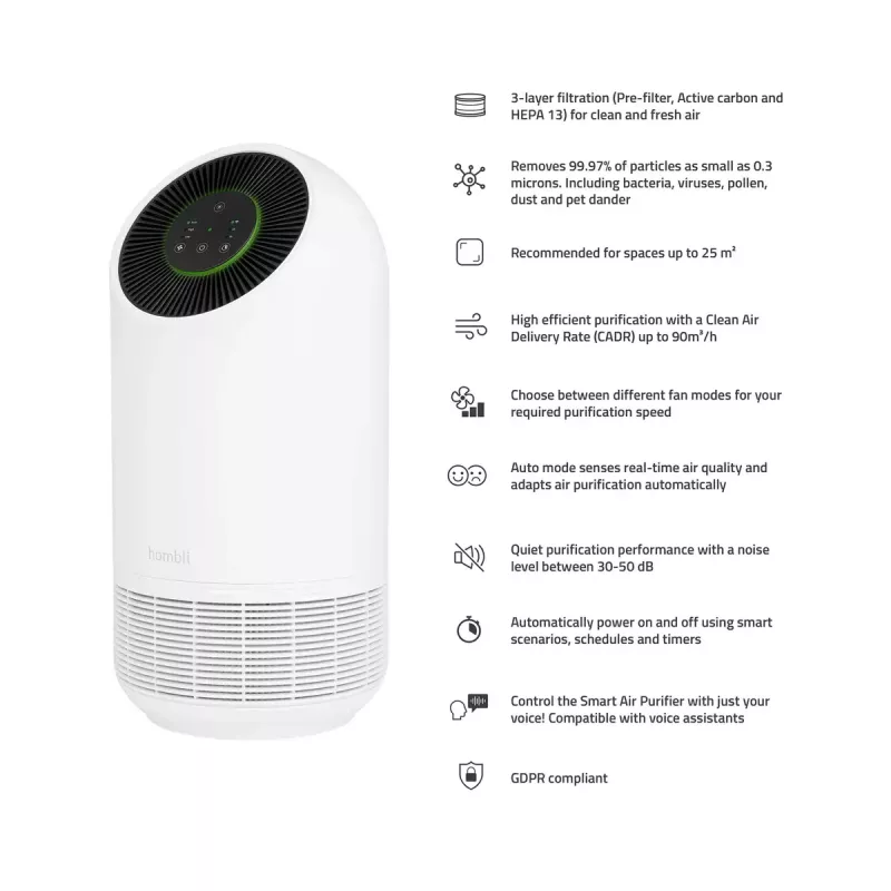 Purificador de aire Hombli Smart Air Purifier de Avanca International BV, nivel de ruido 30 dB, disponible en blanco y negro