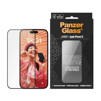 PanzerGlass Ceramic Protection para iPhone 15 Ultra-Wide Fit resistente a arañazos y golpes