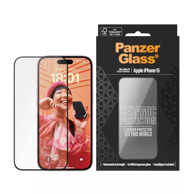 PanzerGlass Ceramic Protection para iPhone 15 Ultra-Wide Fit resistente a arañazos y golpes