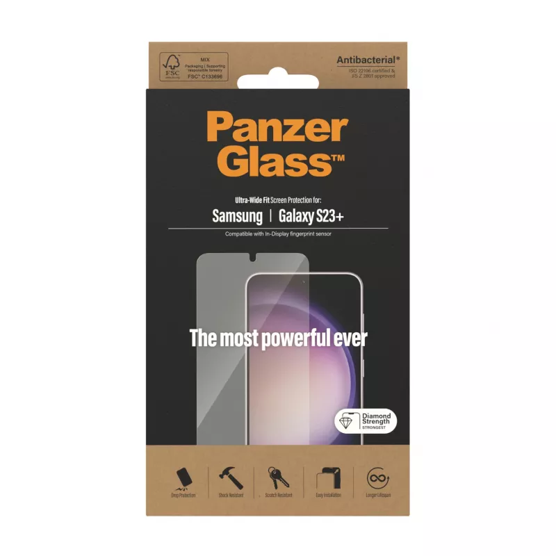 Protector de pantalla PanzerGlass Samsung Galaxy S23 Plus Ultra-Wide Fit resistente a arañazos y golpes