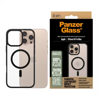 Funda PanzerGlass ® HardCase transparente con MagSafe negro y marco iPhone 16 Pro Max