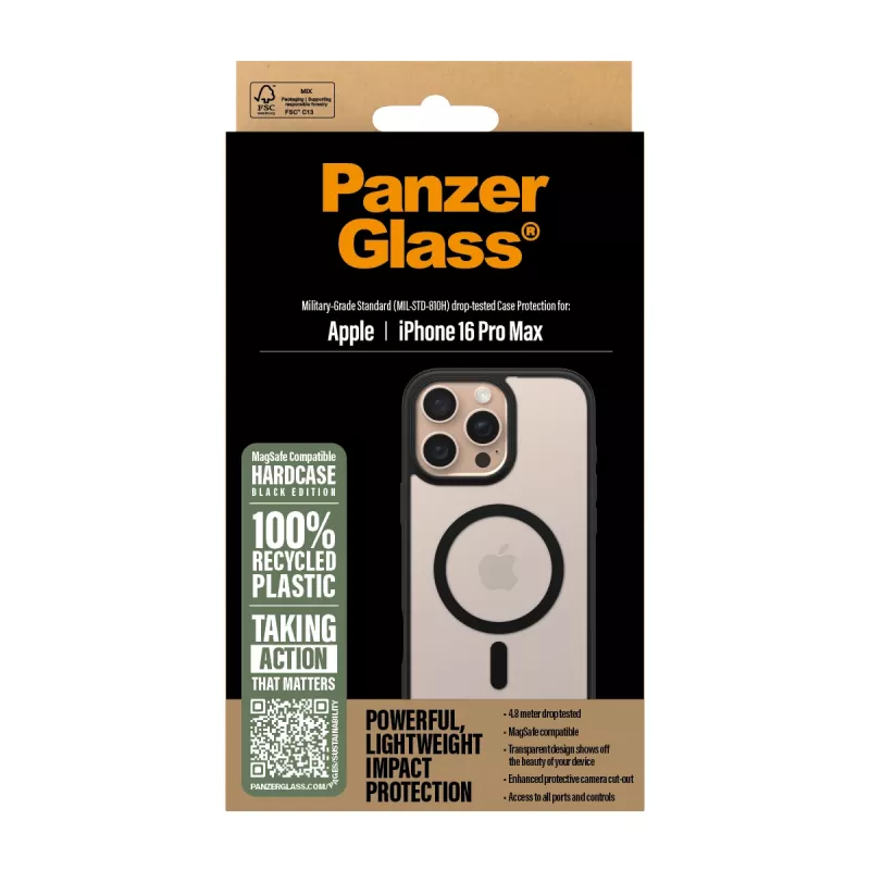 Funda PanzerGlass ® HardCase transparente con MagSafe negro y marco iPhone 16 Pro Max