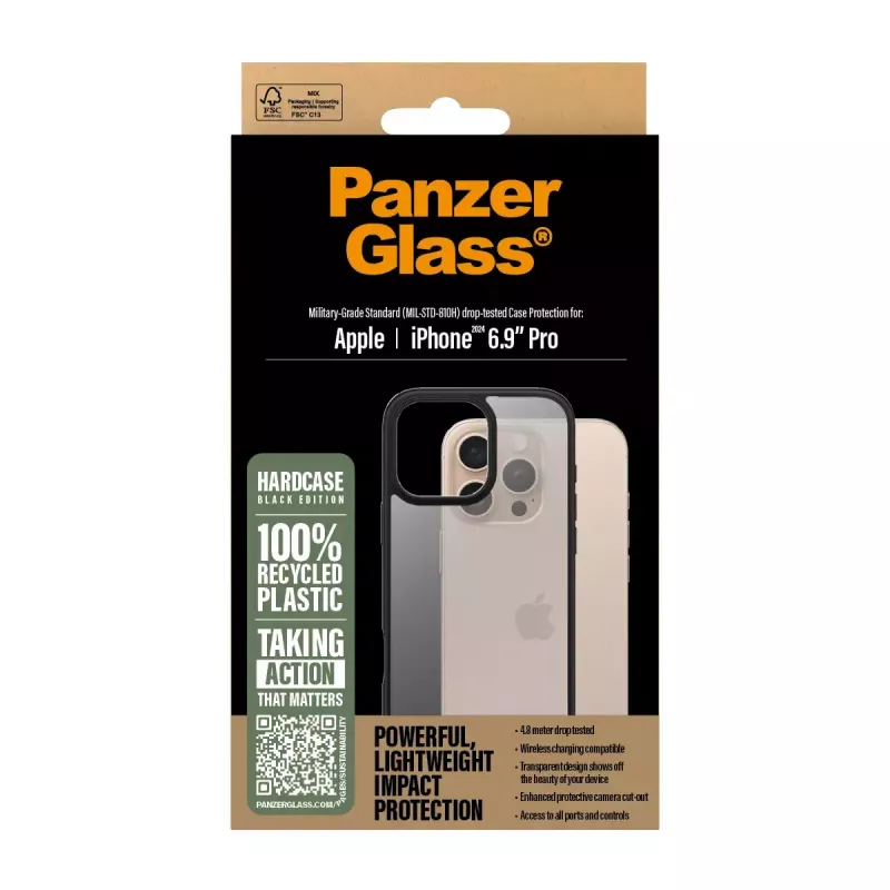 Funda PanzerGlass® HardCase transparente con marco negro iPhone 16 Pro Max