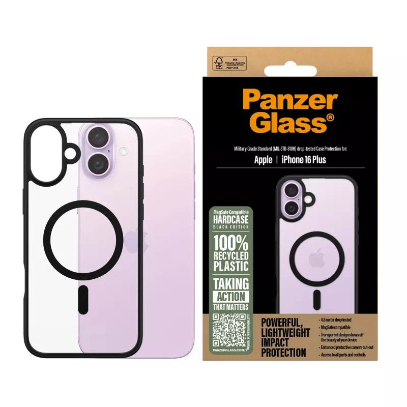 Funda PanzerGlass ® HardCase transparente con MagSafe negro y marco iPhone 16 Plus