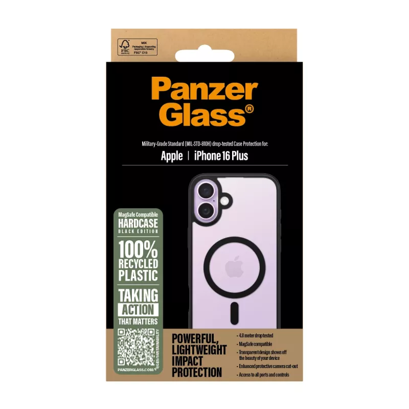 Funda PanzerGlass ® HardCase transparente con MagSafe negro y marco iPhone 16 Plus