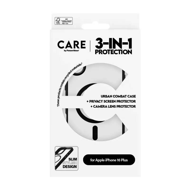 PanzerGlass ® | CARE by ® Flagship pack 3 en 1 con privacidad iPhone 16 Plus