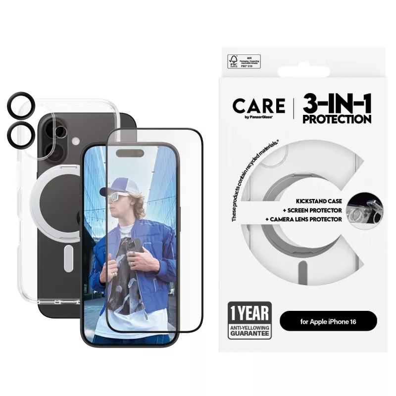 PanzerGlass CARE by ® Feature pack 3 en 1 cerámica iPhone 16