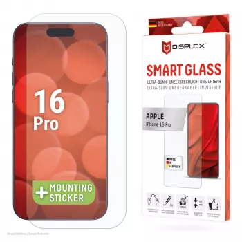 Displex Smart Glass (9H) para Apple iPhone 16 Pro, adhesivo de montaje, irrompible