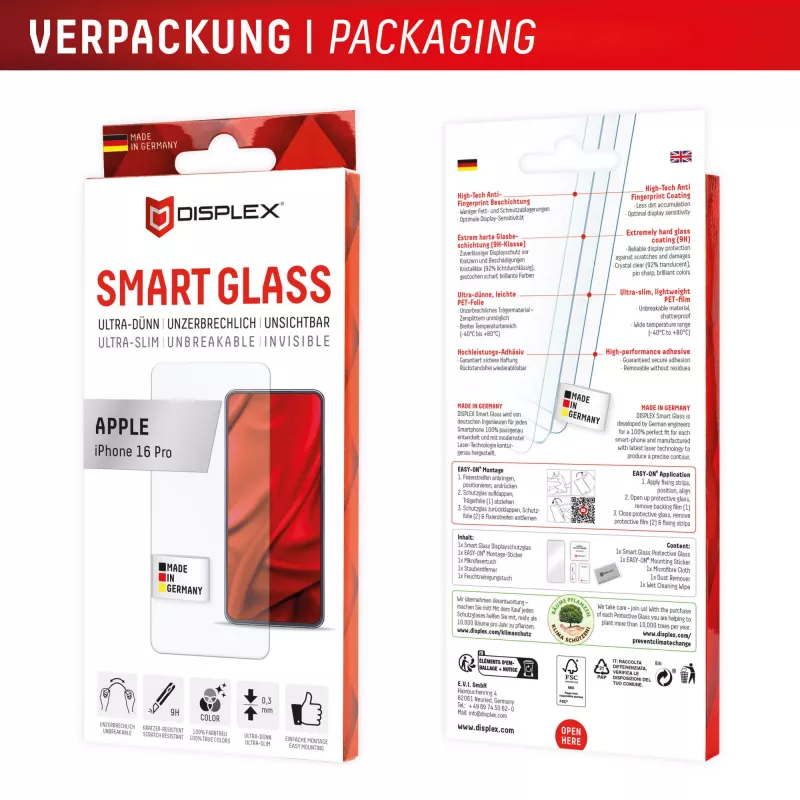 Displex Smart Glass (9H) para Apple iPhone 16 Pro, adhesivo de montaje, irrompible