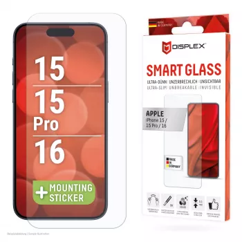 Displex Smart Glass (9H) para Apple iPhone 15/15 Pro/16, adhesivo de montaje, irrompible