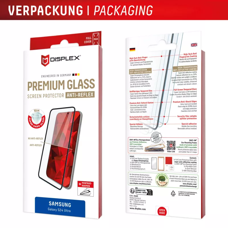 Lámina protectora de pantalla Displex Premium Anti-Reflejos (cobertura total antirreflejo, 10H) para Samsung Galaxy S24 Ultra, marco de montaje Eco, cobertura total