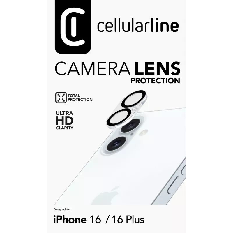 Objetivo de cámara Cellularline - iPhone 16 Protección Transparente Antirrayaduras Antigolpes
