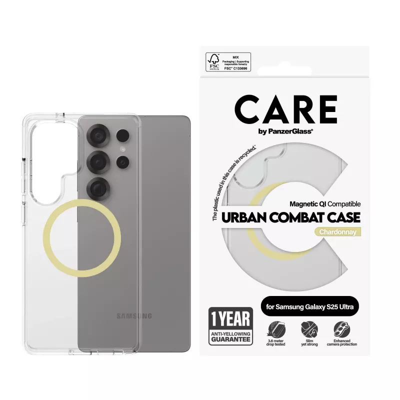 Funda PanzerGlass CARE™ by ® Urban Combat Case transparente con Qi Chardonnay compatible para Samsung Galaxy S25 Ultra