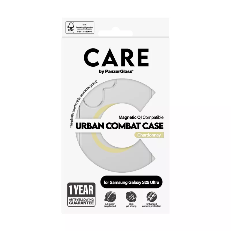 Funda PanzerGlass CARE™ by ® Urban Combat Case transparente con Qi Chardonnay compatible para Samsung Galaxy S25 Ultra