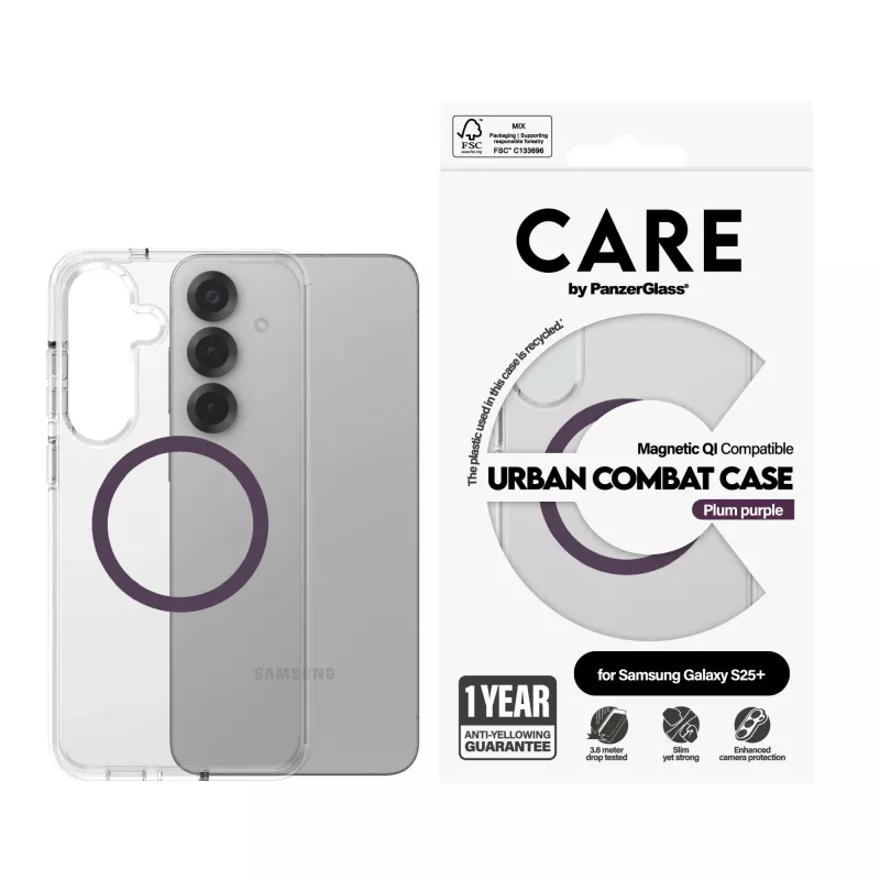 Funda PanzerGlass CARE Urban Combat transparente morada ciruela Qi para Samsung Galaxy S25+