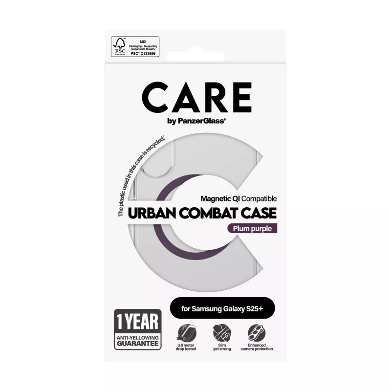Funda PanzerGlass CARE Urban Combat transparente morada ciruela Qi para Samsung Galaxy S25+