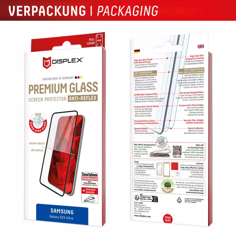 Displex Premium Displayschutzfolie (Full Cover, 10H) para Samsung Galaxy S25 Ultra, marco de montaje Eco, Full Cover