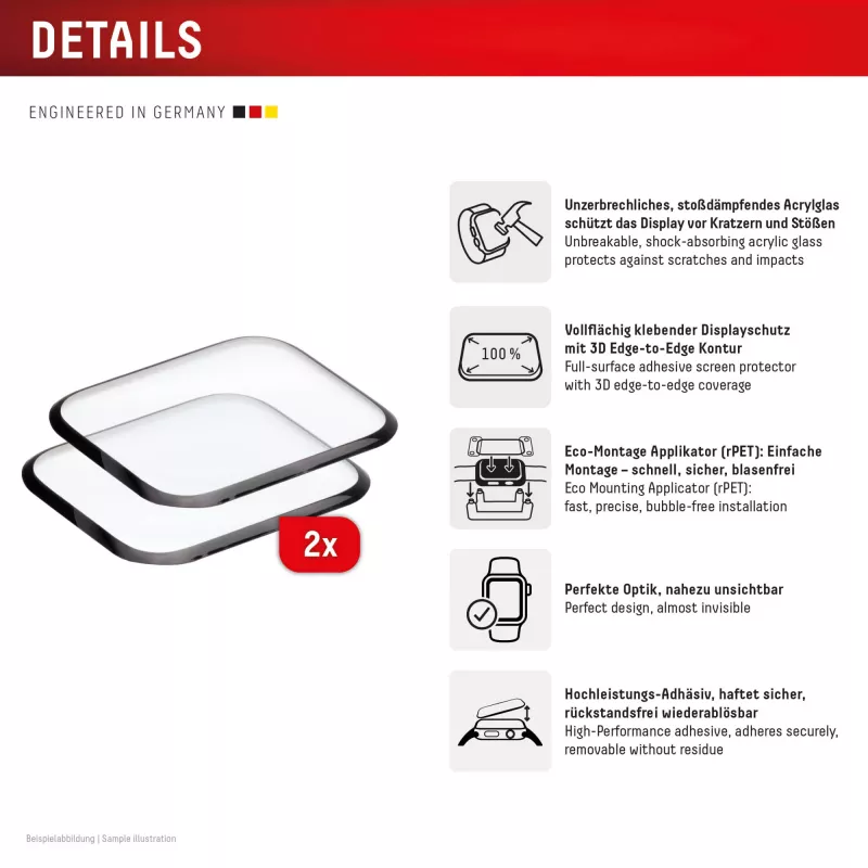 Displex protector de vidrio irrompible de cobertura total para Apple Watch 9/8/7 (41 mm), pack de 2, ultrafino, sin bordes, montaje Eco