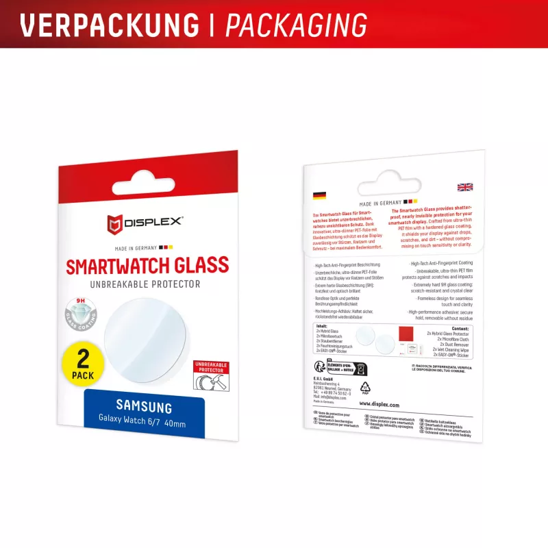 Displex vidrio 9H Galaxy Watch 7/6 (40 mm), pack de 2, ultrafino, sin bordes, anti-suciedad, fabricado en Alemania