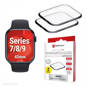 Displayschutzfolie Displex Unbreakable Full Cover Smart Glass para Apple Watch 45mm (Series 9/8/7), pack de 2, ultrafina sin bordes