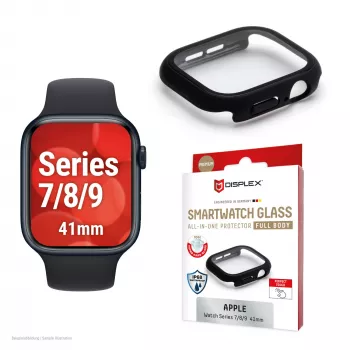PanzerGlass Displex 10H vidrio templado protección integral para Apple Watch 41 mm (Series 9/8/7), IP68, snap-on, negro mate
